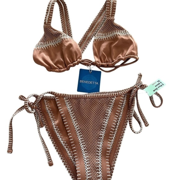 Benedetta La Isla Crochet Trim Slide Bikini Set Small Tan Nude Two Piece NWT - Picture 4 of 5